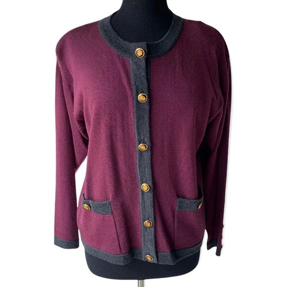 Urban Wool Burgundy/Grey 100% Wool Cardigan M - Picture 1 of 11